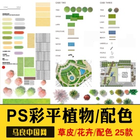 PS园林景观彩色平面图植物树分层草皮花卉纹理配色PSD彩平图素材图库