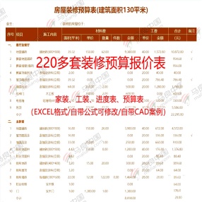  220多套家装工装进度预算报价表 （EXCEL格式/自带公式可修改/自带CAD案例）